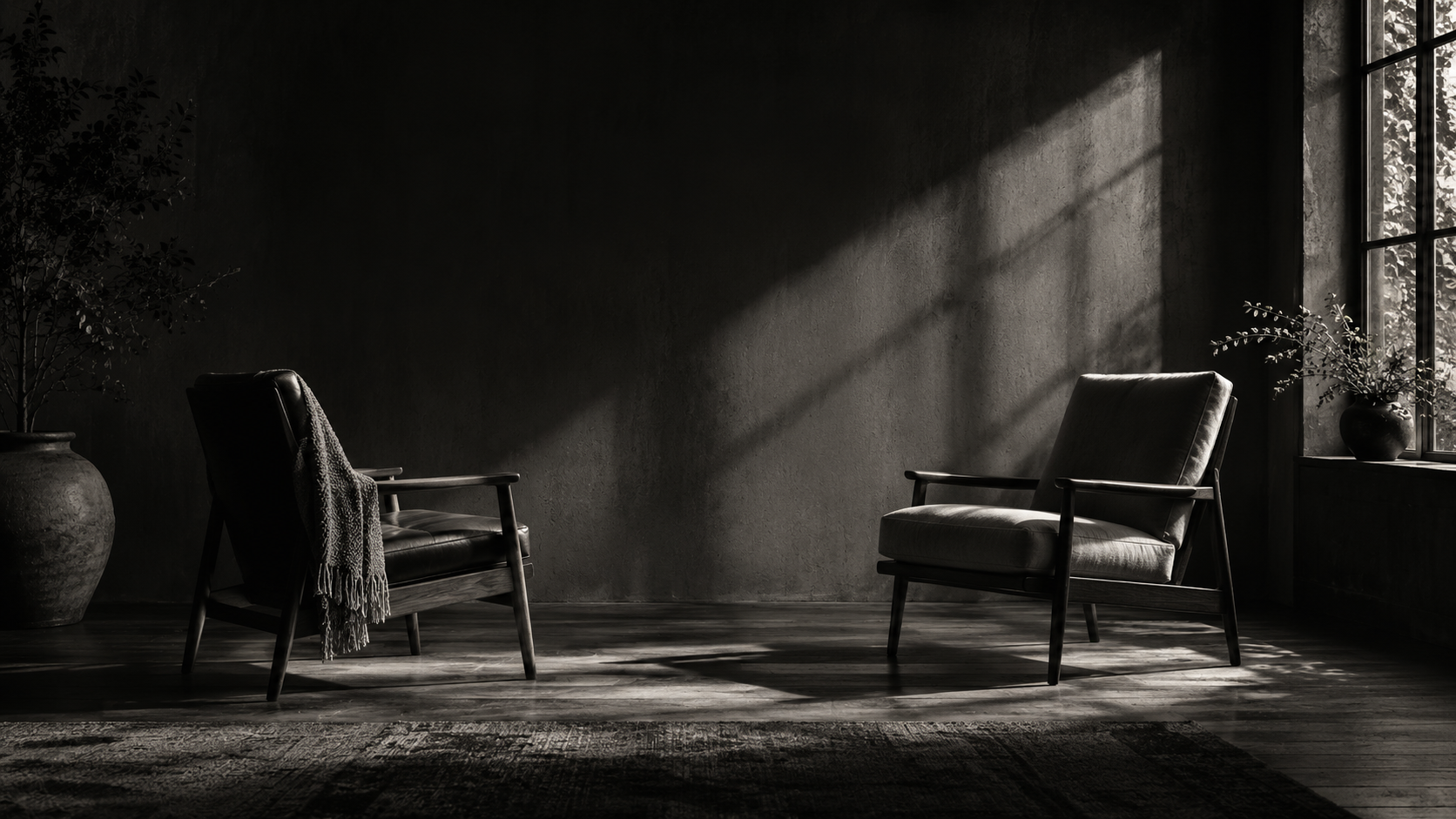 Two empty chairs facing one another in a quiet, sunlit room